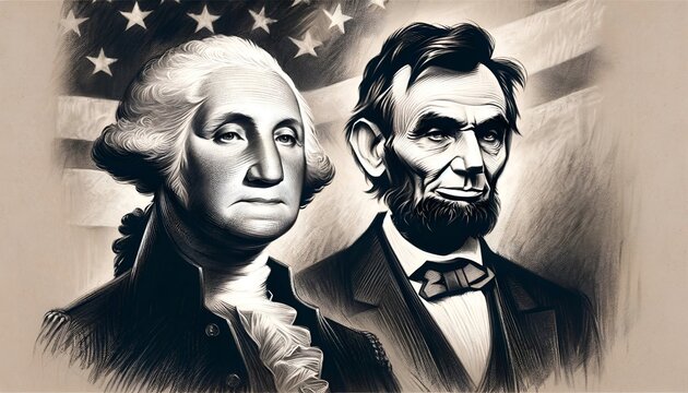 Charcoal illustration design of george washington and abraham lincoln for presidents day.