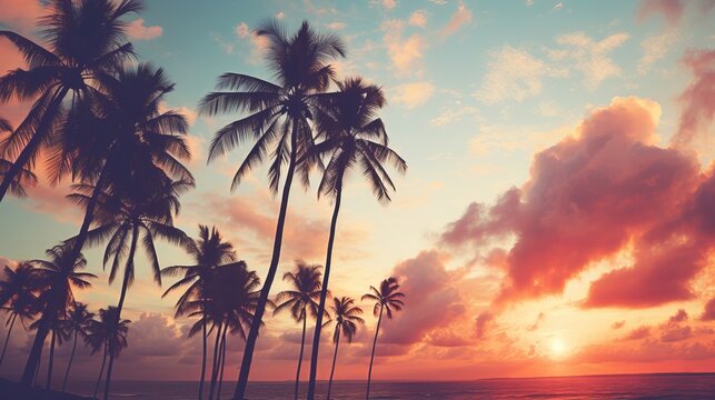 Vivid retro wave aesthetic art collage of nature with palm trees in stunning colors