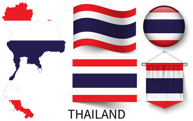 The various patterns of the Thailand national flags and the map of the Thailand borders