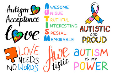 Autism Awareness lettering set vector isolated. Collection of colorful design elements for poster. Handwritten font, autistic disorder. Autism awareness day in April.