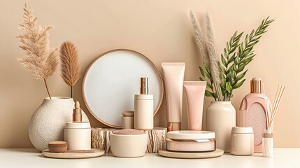 Fototapeta na wymiar Elegantly arranged beauty and skincare products with white and pink tones, set against a spa-like background, emphasizing organic and wellness themes