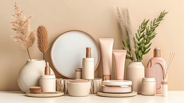 Elegantly arranged beauty and skincare products with white and pink tones, set against a spa-like background, emphasizing organic and wellness themes