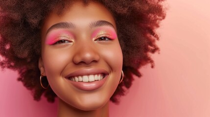 Horizontal portrait featuring a stylish Afro woman in glittering makeup and pastel attire.