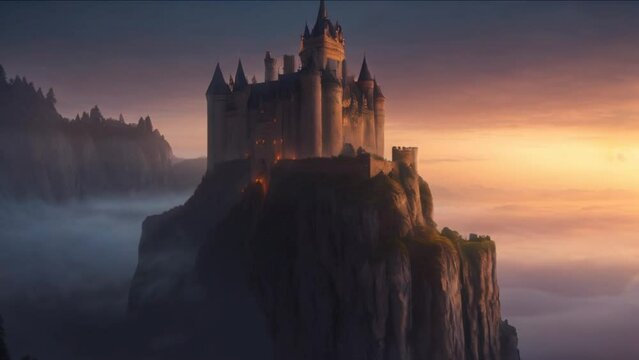 Castle on the hill. Fairytale Castle, Fantasy Environment, Towers, Windows 3D Animations rendering CGI Cinematic 4K