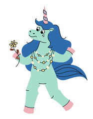 Unicorn holding flower. Fairytale character in doodle style.