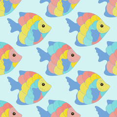 Fototapeta premium Exotic tropical fish endless fabric print illustration. Aquatic animals swimming. Kids fashion