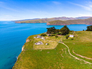aerial panorama of godley heads near christchurch and lyttelton, canterbury, new zealand; turquoise...