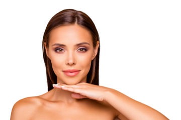 Portrait of cute nice lovely graceful pretty well-groomed lady with her naked shoulders she isolated on pastel beige background hold hand near chin look at camera