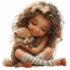 Cute girl with curly hair with a shiny bow, in a menthol T-shirt with strawberries, skirt with pockets, striped tights and shoes with clasps, hugging a big Cute Squirrels