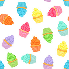 Cupcakes in rainbow colors seamless pattern. Holiday baking background. Vector cartoon illustration of sweet dessert.