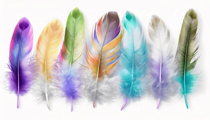 Different colorfful beautiful feathers on white background with copy space