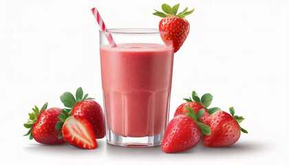 Glass of tasty strawberry smoothie on white background with copy space