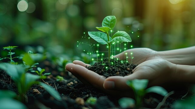 Environmental, Social, and Governance (ESG) concept in stock photo, sustainable business models, hologram of graphs and diagrams.
