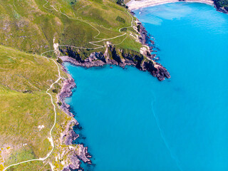 aerial panorama of godley heads near christchurch and lyttelton, canterbury, new zealand; turquoise...