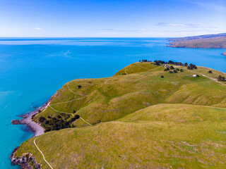 aerial panorama of godley heads near christchurch and lyttelton, canterbury, new zealand; turquoise...