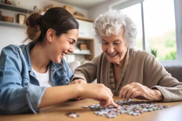 Smiling female caregiver assisting senior woman doing puzzle at home