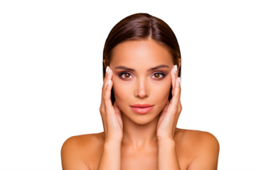 Portrait of attractive gorgeous nice sweet careless brunette hair lady with her naked shoulders she touched face by two hands look at camera isolated on pastel beige background