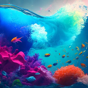 A surreal seascape where waves of vibrant colors crash against unseen shores, embodying the playful and jubilant energy of Holi in a whimsical underwater world