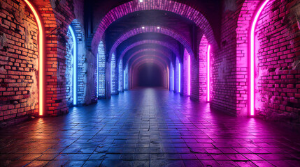 Modern tunnel with vibrant neon lights and a sleek design, portraying an urban and futuristic...