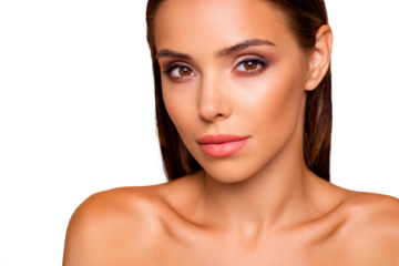 Cropped close up photo of brown-haired adorable good-looking attractive gorgeous nice sweet lady with her naked shoulders she isolated on pastel beige background look at camera