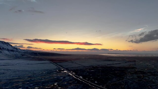 Atmospheric Phenomenon Of Nacreous Clouds Over The Skies Of South Coast Iceland. Aerial Drone Shot