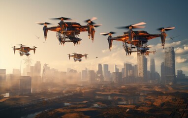 Skyline Revolution Autonomous Construction Drones - obrazy, fototapety, plakaty