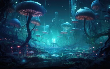 Futuristic World with Alien Bioluminescent Woodland
