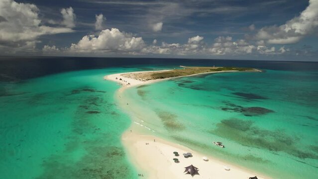 The serene los roques archipelago in venezuela, showcasing turquoise waters and a small, sandy islet, aerial view