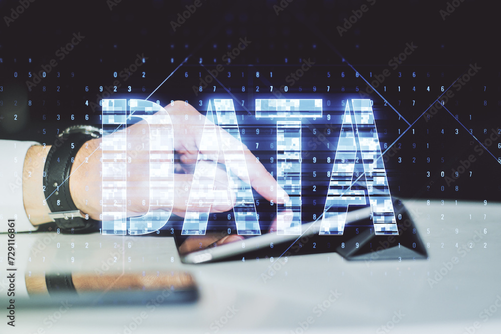Aufkleber creative data word hologram and finger clicks on a digital tablet on background, big data and blockc