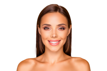 Close up picture photo of lovely charming pretty brown-haired lady with her naked shoulders she isolated on pastel beige background make white beaming big smile