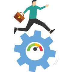 Work performance evaluation, ambition or motivation to grow in business concept, full efficiency or maximum productivity, an ambitious businessman running full speed to spin cogwheel size cogwheel.