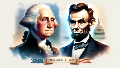 Illustration in watercolor style featuring portraits of george washington and abraham lincoln for presidents day.