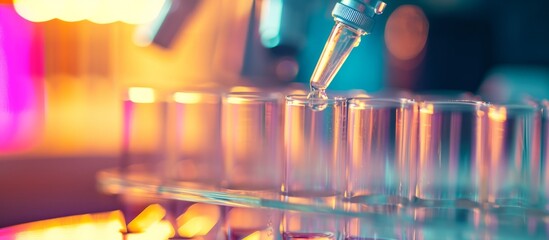 In a bright pathology lab, a glass measuring device drips fluid into tubes.