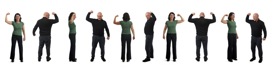 various poses of a same woman and men showing her bicep on white background