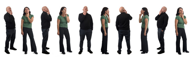 various poses of a group of same woman and same men thinking on white background