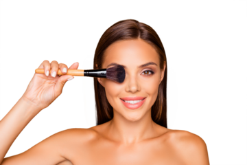 Well-groomed attractive gorgeous beautiful lady with her naked shoulders she close eye by brush make fun playful stand isolated on pastel beige background