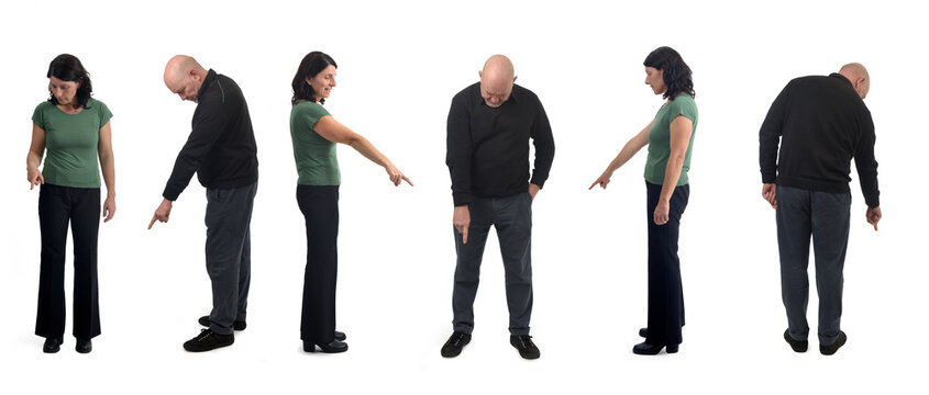 woman and men pointing down on white background