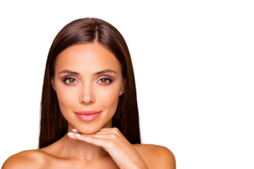 Brown-haired charming well-groomed dreamy leisure lifestyle lady with her naked shoulders she hold hand under chin look at camera isolated on pastel beige background with copy space for text