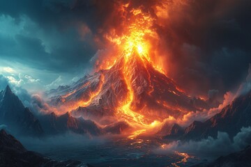 Volcano Eruption in August A Spectacular Firework Display in the Sky Generative AI - obrazy, fototapety, plakaty