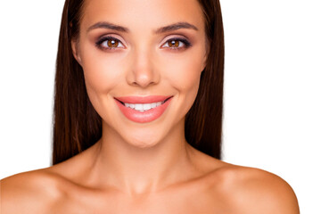 Cropped close up photo of careless carefree gorgeous good-looking lady with her naked shoulders she...