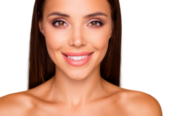 Cropped close up photo of careless carefree gorgeous good-looking lady with her naked shoulders she isolated on pastel beige background make white beaming smile