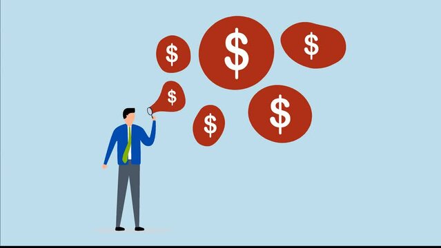 Stock market bubble,  4k animation of greedy businessman investors blow bubbles with dollar sign money into the air.