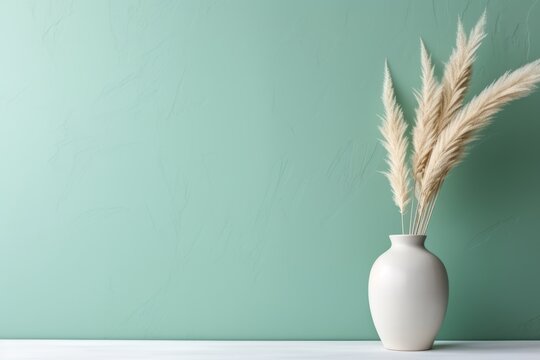 Fototapeta Pampas grass in ceramic vase near studio wall background, space for text