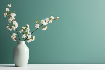 Fototapeta na wymiar Blossom branch in ceramic vase near studio wall background, space for text