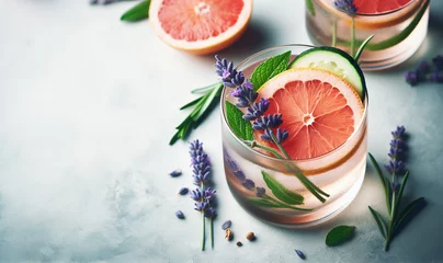 Fototapeten Stunning Lavender cocktail Purple drink in a glass on white background with ice and lavender flowers. Iced cold summer drink, lemonade. © Bounpaseuth