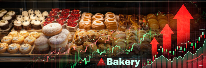 Assorted bread in a bakery overlaid with upward trending financial growth charts, symbolizing business success