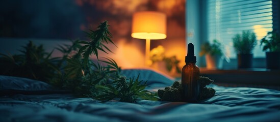 Bedroom at night, using CBD oil, capsules, and cannabis to promote melatonin production and fight sleep disorders.