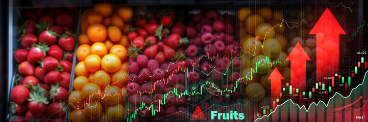 A vibrant display of various fruits with overlaid economic growth charts, indicating the financial trends in the fruit market