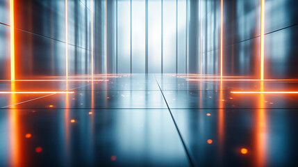 Futuristic corridor with bright blue lights and a dark setting, creating an abstract and modern...