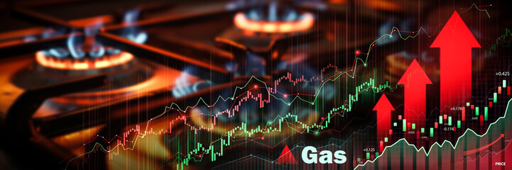 Gas burners with superimposed rising financial graphs, symbolizing the fluctuating energy market...